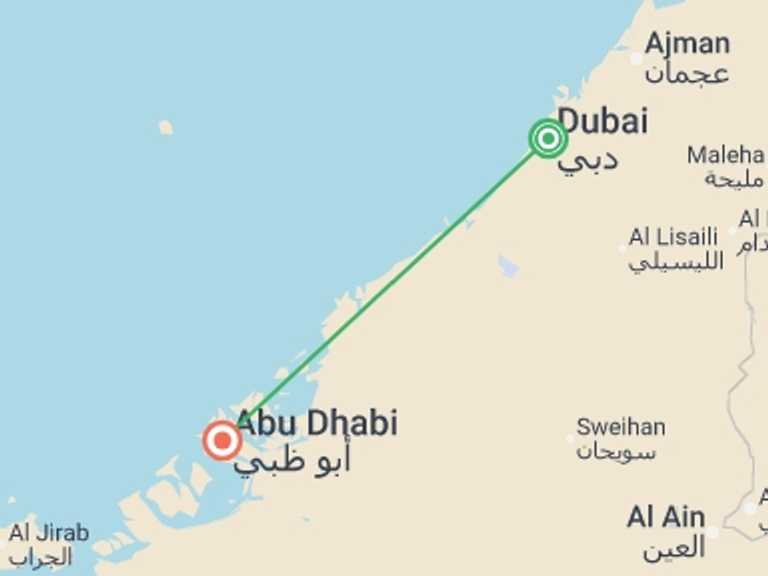 Map itinerary of Middle East Tour in September 2026 with 2 destination visits for the trip: Dubai & Abu Dhabi Explorer - 8 days