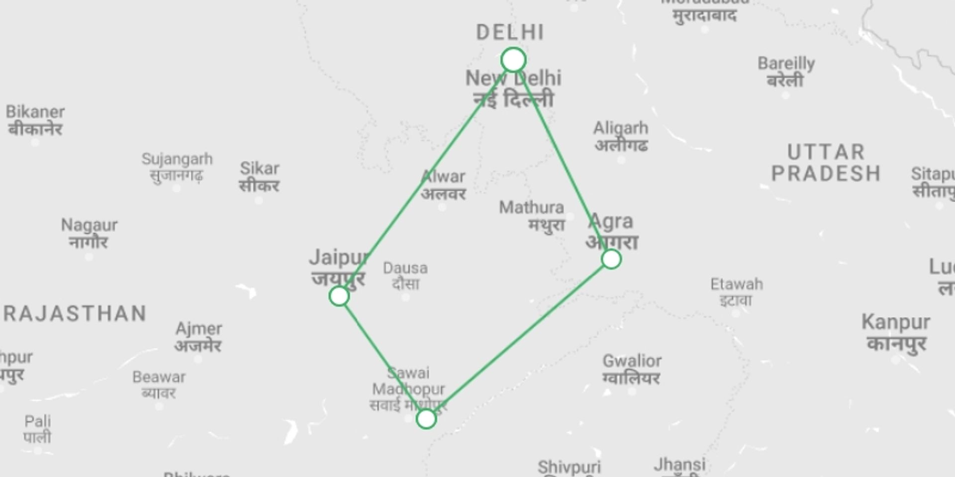 A map showing the tour itinerary for the trip: Golden Triangle Of India & Tigers, Private Tour, starting in New Delhi, India and ending in New Delhi, India going through 3 other destinations.
