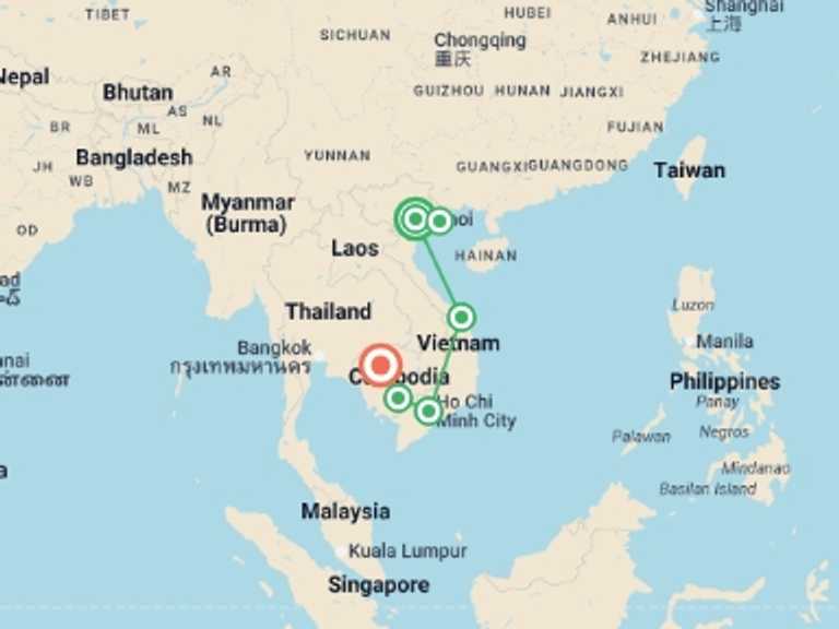 Map of a Sightseeing, attractions, culture and history Tour with 6 destination visits for the trip: Premium Vietnam & Cambodia