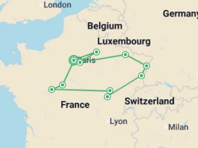 Map of 7-Day Europe Tour with 5 destination visits for the trip: French Christmas Markets