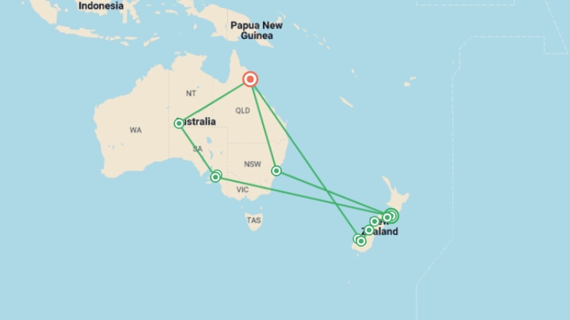 A map showing the tour itinerary for the trip: Australia and New Zealand Uncovered , starting in Wellington, New Zealand and ending in Cairns, Australia going through 7 other destinations.