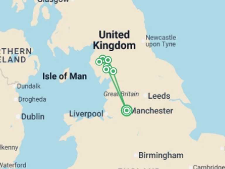 Map of 3-Day UK and Britain Tour with 2 destination visits for the trip: Lake District From Manchester - 3 days