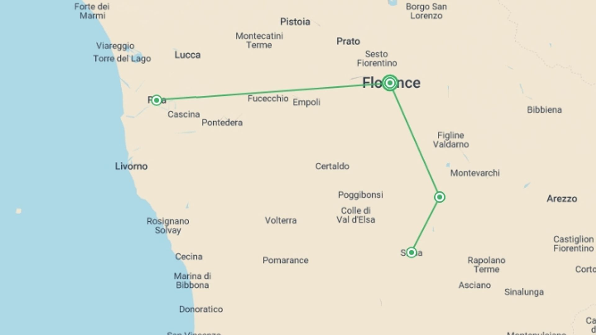 A map showing the tour itinerary for the trip: Tuscany Escape, Semi-private Tour, starting in Florence, Italy and ending in Florence, Italy going through 1 other destinations.