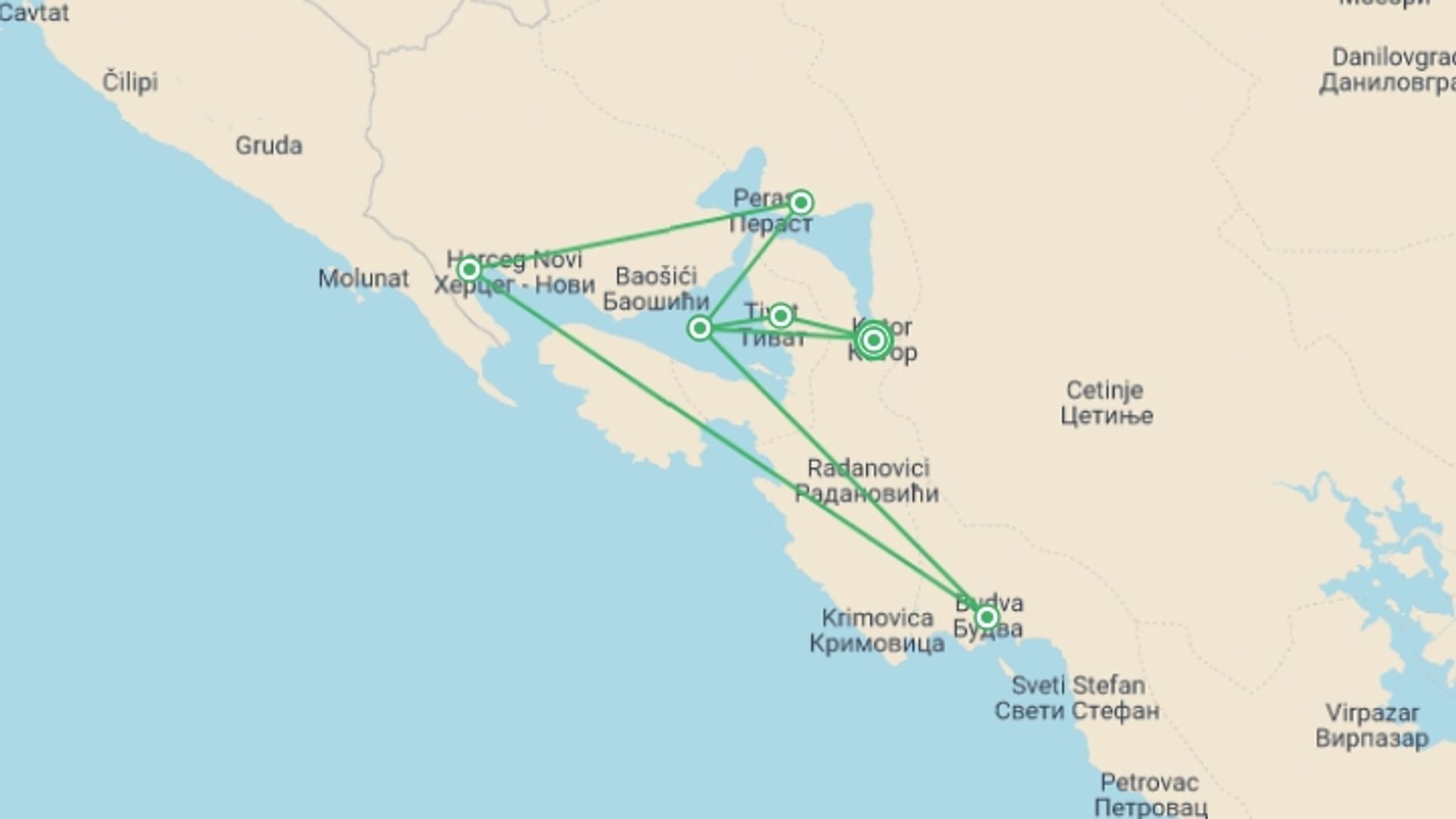 A map showing the tour itinerary for the trip: Sailing Montenegro Aboard a Catamaran, starting in Kotor, Montenegro and ending in Kotor, Montenegro going through 5 other destinations.