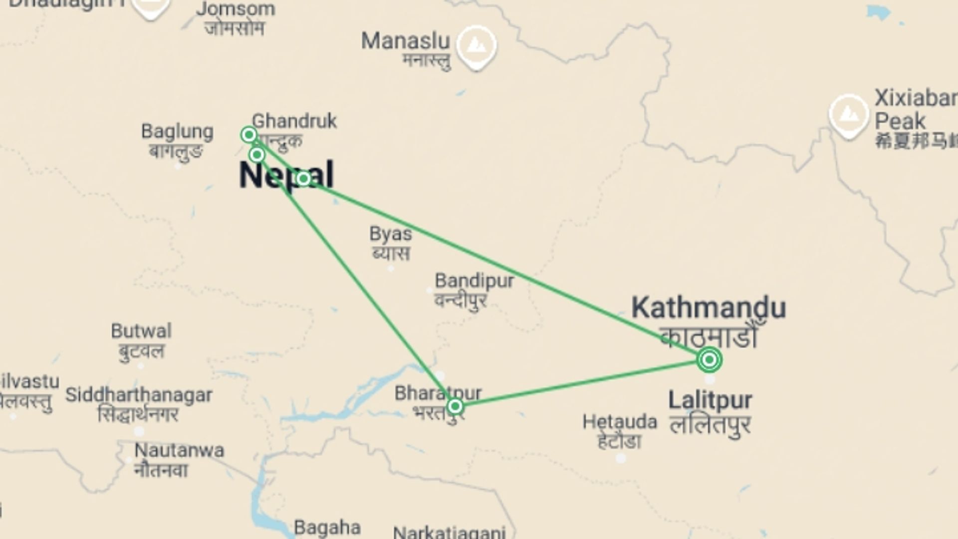A map showing the tour itinerary for the trip: Essential Nepal (4 Star Hotels), starting in Kathmandu, Nepal and ending in Kathmandu, Nepal going through 4 other destinations.
