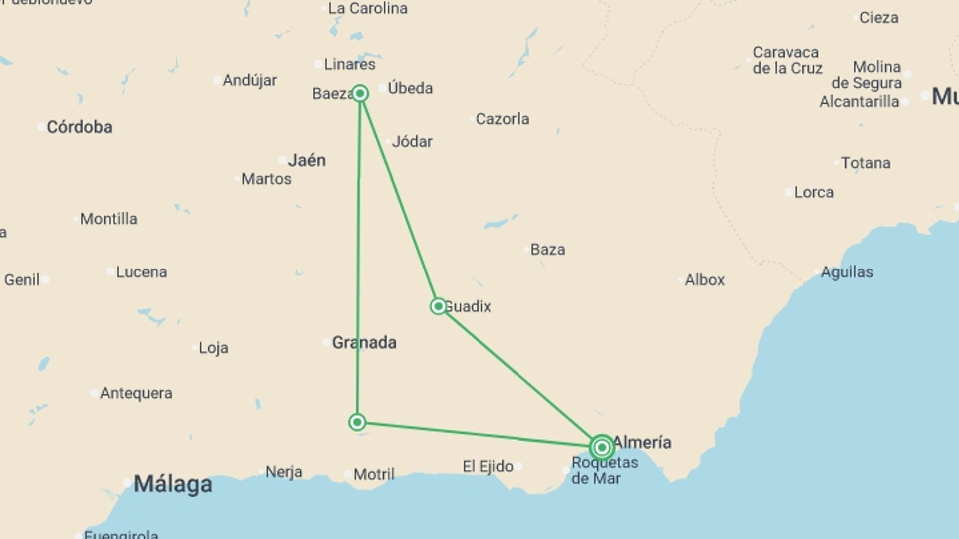 A map showing the tour itinerary for the trip: Tropical Coast And Nature, Self-drive, starting in Almería, Spain and ending in Almería, Spain going through 3 other destinations.
