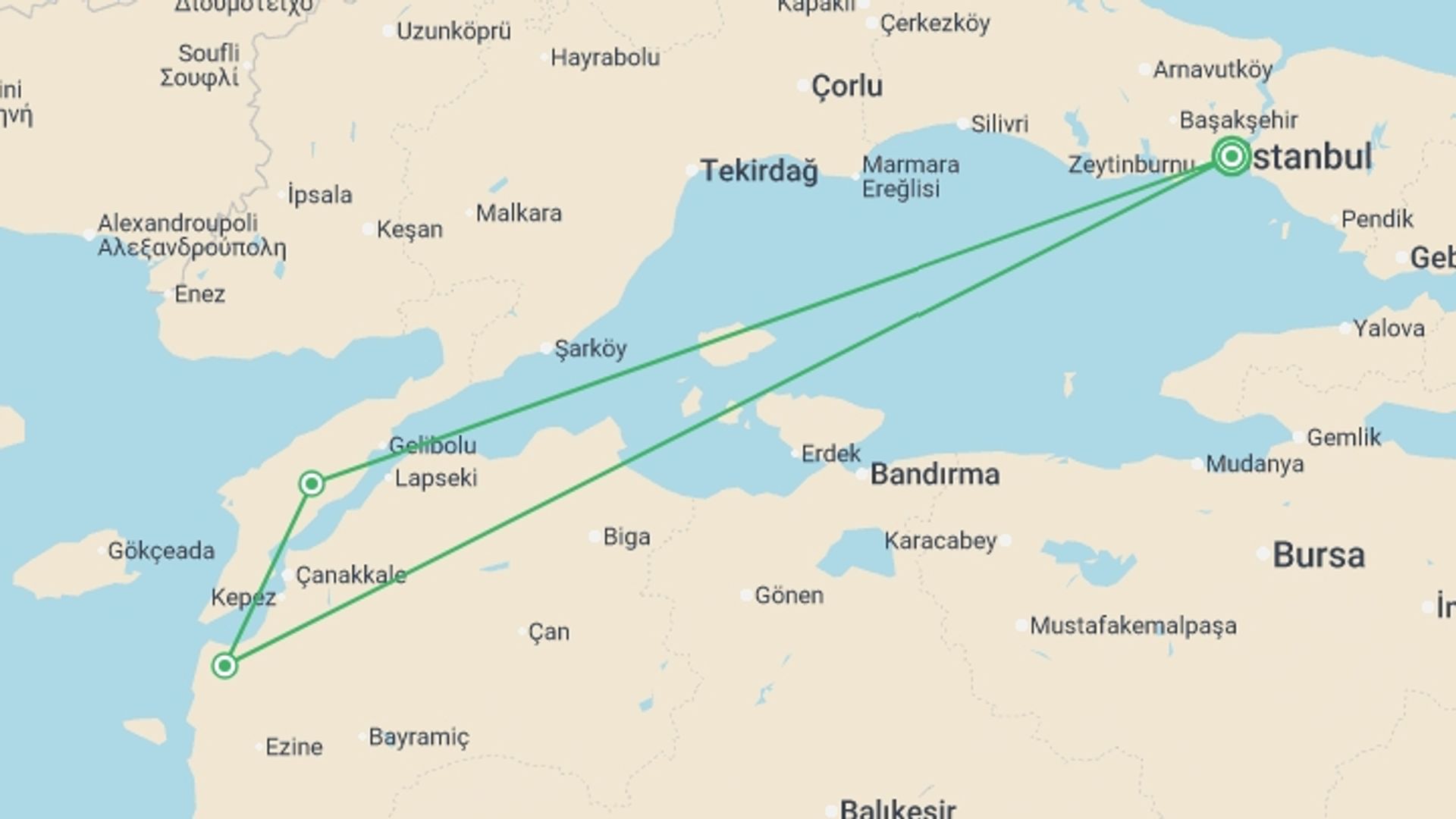 A map showing the tour itinerary for the trip: Gallipoli & Troy - 4 days, starting in Istanbul, Turkey and ending in Istanbul, Turkey going through 1 other destinations.