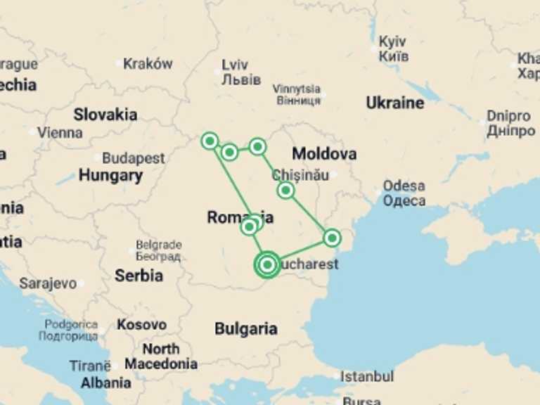Map of Europe Cultural, religious and historic sites Tour with 8 destination visits for the trip: Best of Romania and the Danube Delta