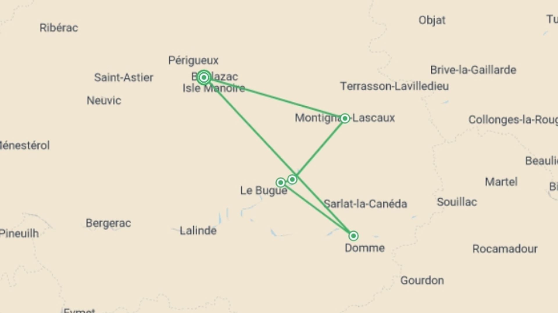 A map showing the tour itinerary for the trip: Highlights of the Dordogne by Bike, starting in Dordogne, France and ending in Dordogne, France going through 4 other destinations.