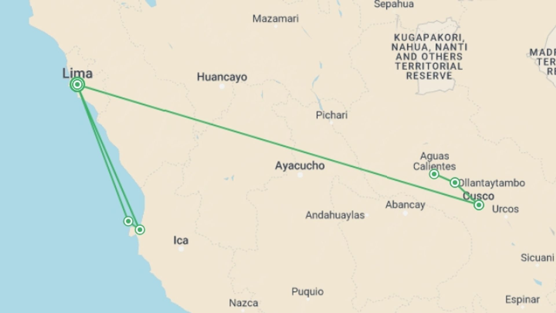 A map showing the tour itinerary for the trip: Andean Trilogy, starting in Lima, Peru and ending in Lima, Peru going through 3 other destinations.