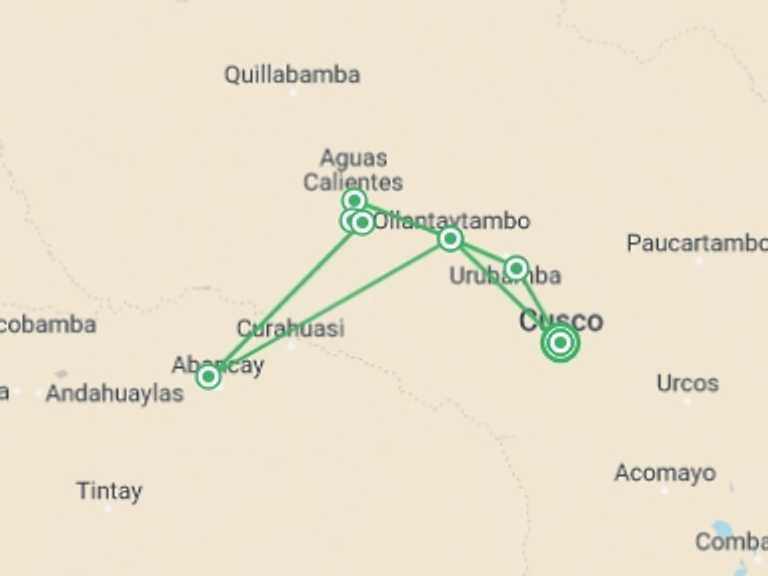 Map itinerary of Ollantaytambo Tour in July 2026 with 6 destination visits for the trip: Glamping on the Inca Trail