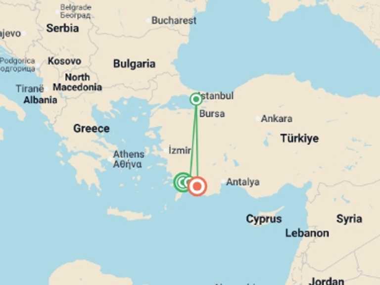 Map of a Walking Tour with 4 destination visits for the trip: Marmaris to Fethiye - 4 days