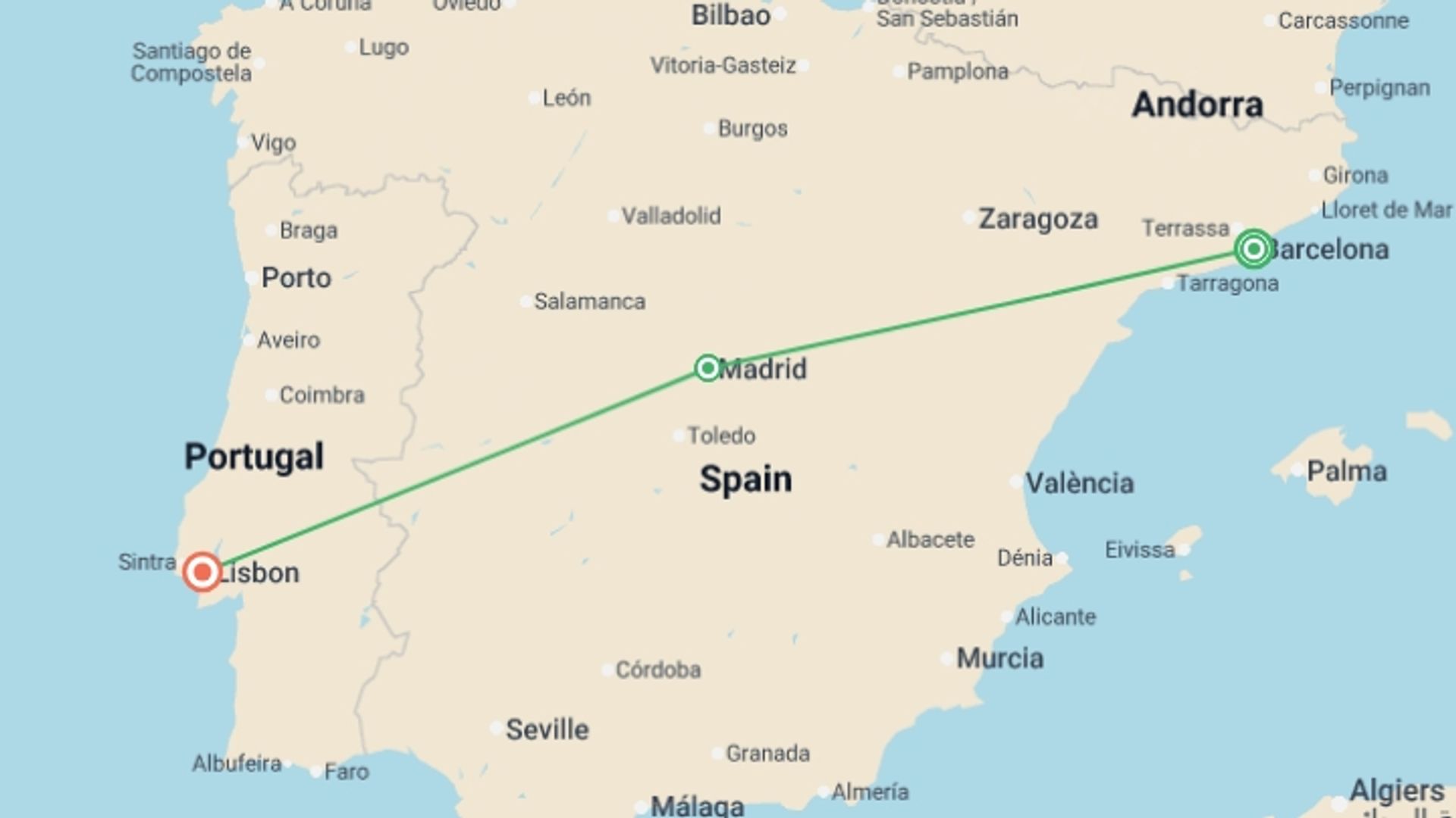 A map showing the tour itinerary for the trip: Barcelona Madrid and Lisbon City Package, starting in Barcelona, Spain and ending in Lisbon, Portugal going through 1 other destinations.
