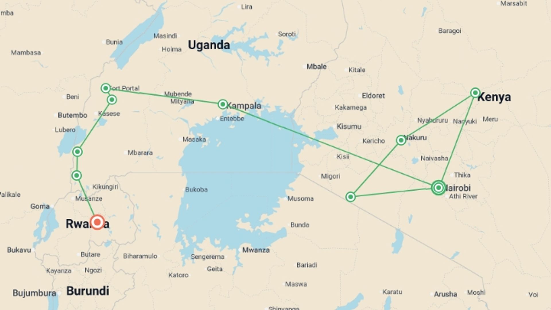 A map showing the tour itinerary for the trip: East Africa In-Depth, starting in Nairobi, Kenya and ending in Kigali, Rwanda going through 8 other destinations.