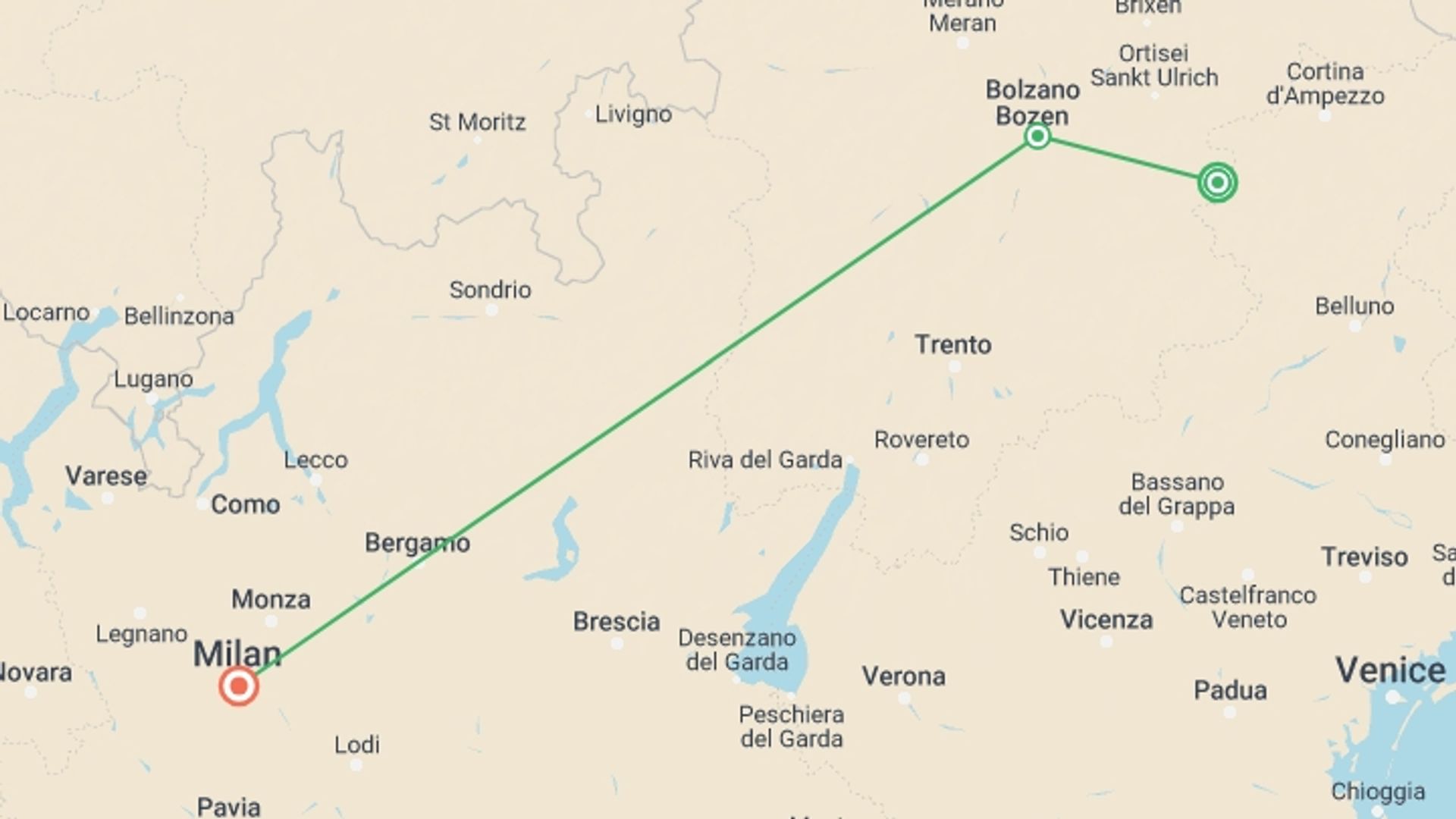 A map showing the tour itinerary for the trip: Italy Winter Snow and Alps, starting in Dolomites, Italy and ending in Milan, Italy going through 2 other destinations.