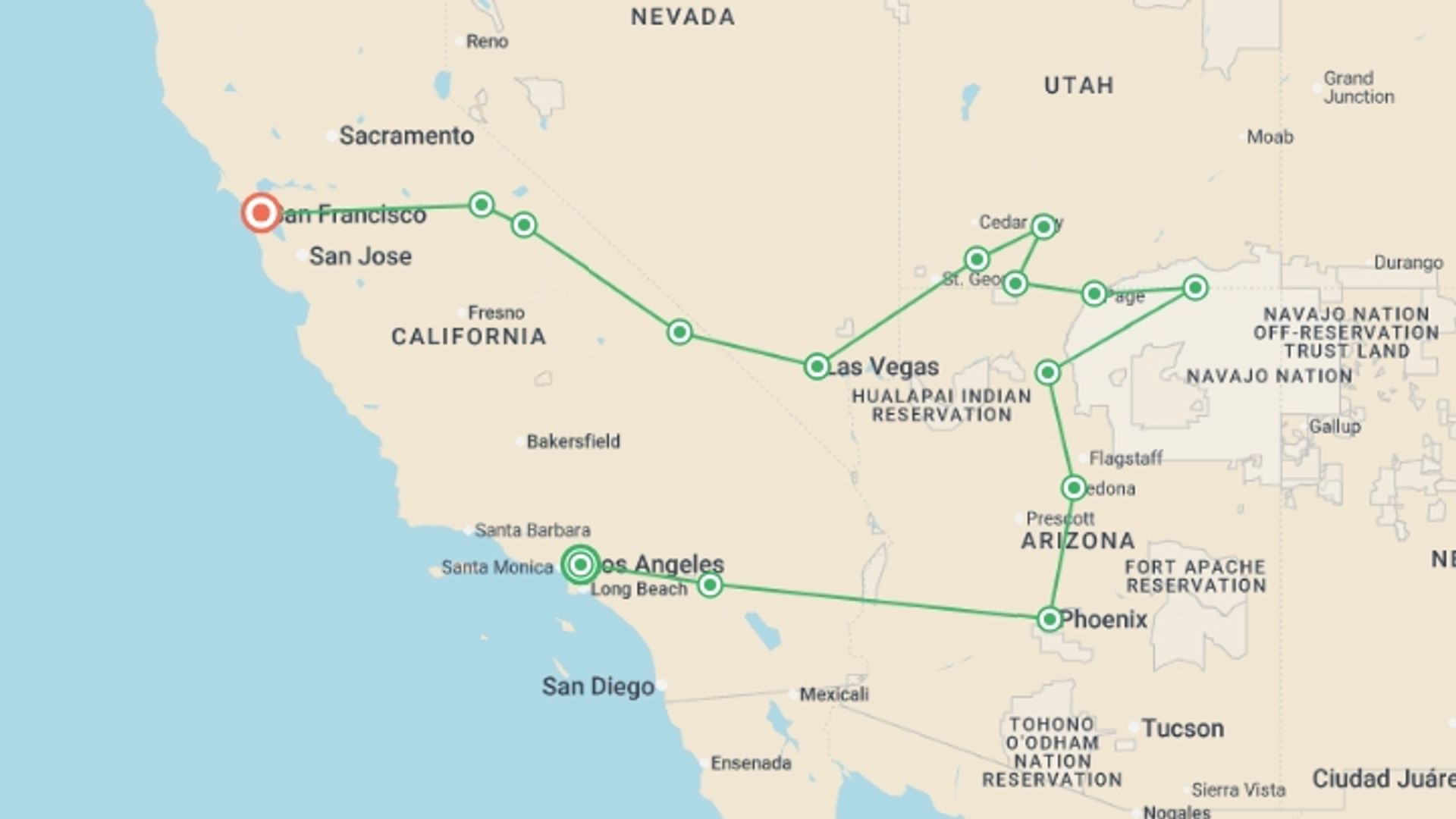 A map showing the tour itinerary for the trip: Splendors of the American West, starting in Los Angeles, USA and ending in San Francisco, USA going through 8 other destinations.