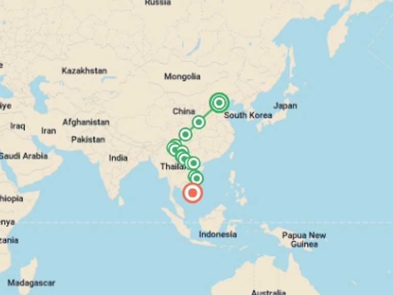 Map itinerary of South East Asia Tour in Fall with 15 destination visits for the trip: China & Vietnam: The Great Wall to Ho Chi Minh