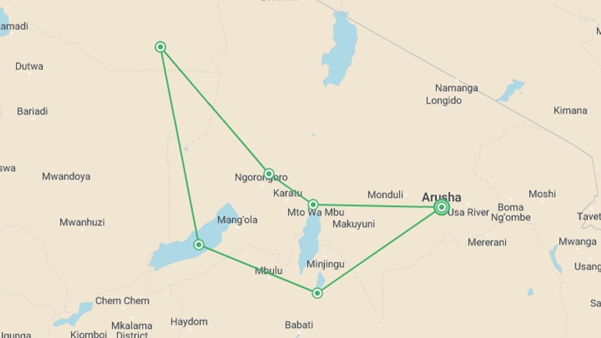 A map showing the tour itinerary for the trip: 8 Days Magical Tanzania Safari, starting in Arusha, Tanzania and ending in Arusha, Tanzania going through 5 other destinations.