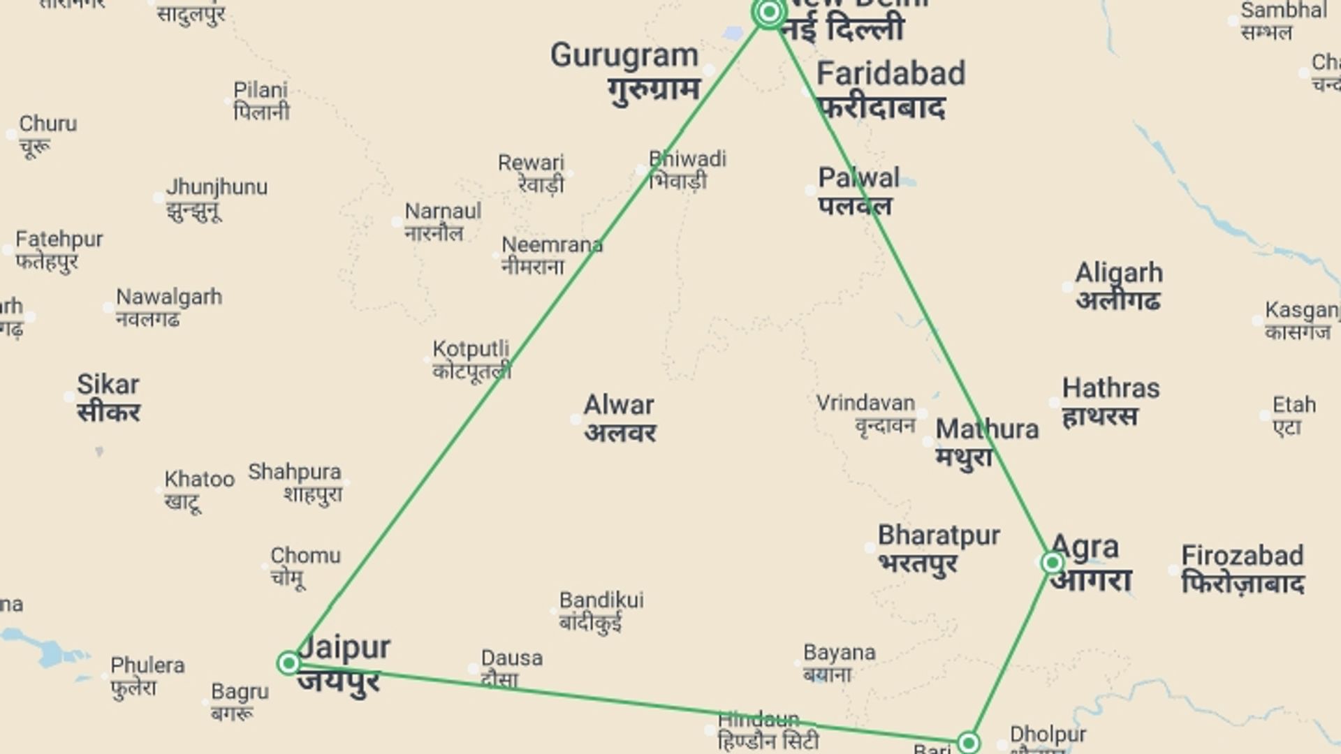 A map showing the tour itinerary for the trip: Wonders of India - 6 days, starting in New Delhi, India and ending in New Delhi, India going through 4 other destinations.