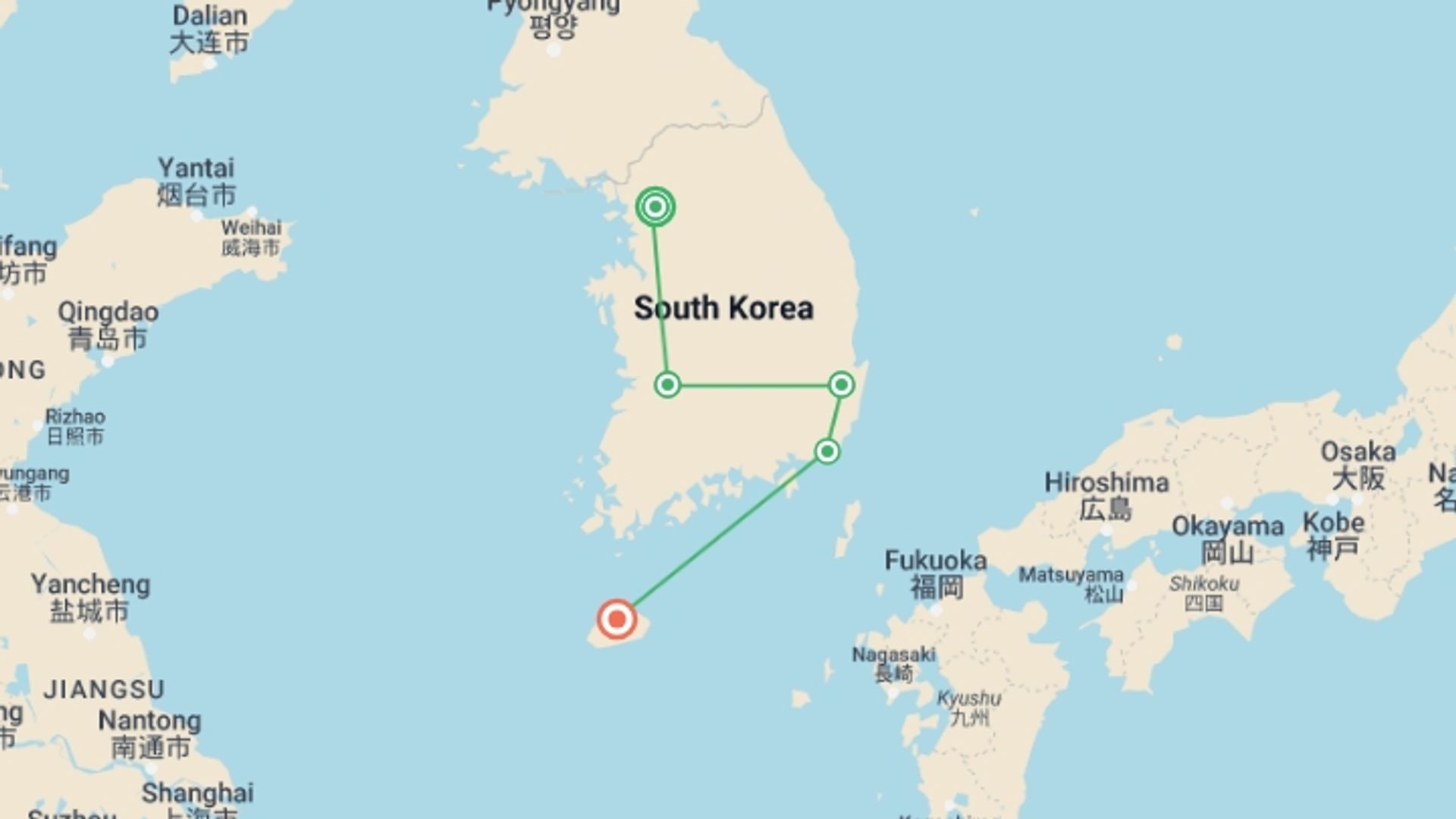 A map showing the tour itinerary for the trip: South Korea – 13 Days, starting in Seoul, South Korea and ending in Jeju, South Korea going through 4 other destinations.
