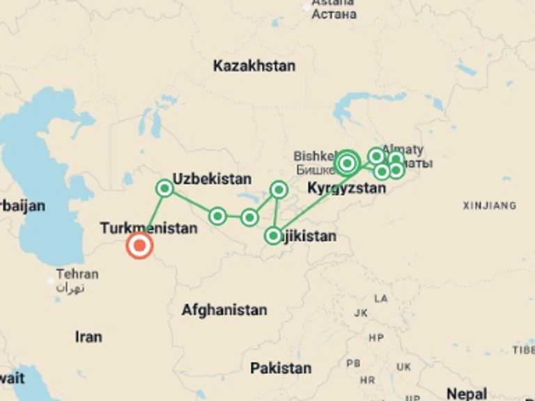 Map of Almaty Tour with 11 destination visits for the trip: Journeys: Echoes of the Silk Road