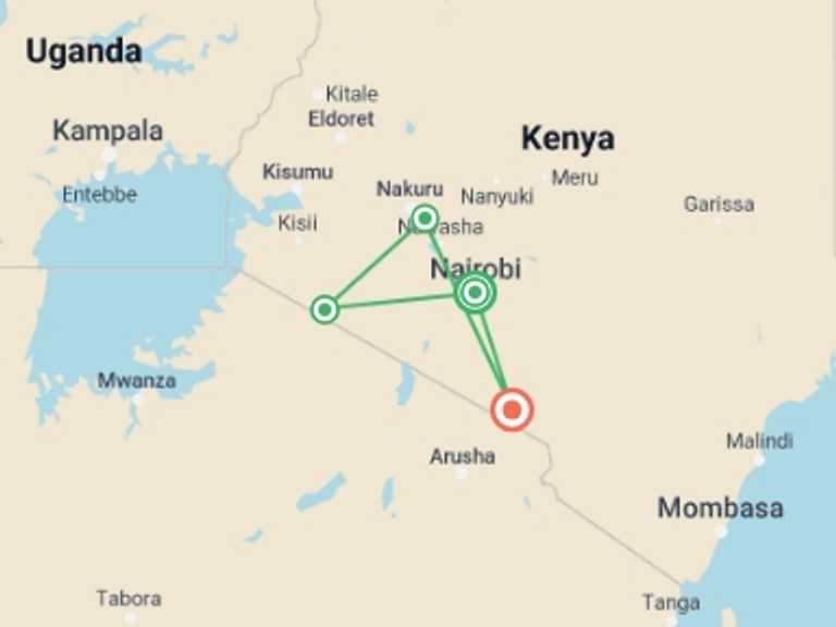 Map of Kenya Tour with 5 destination visits for the trip: Captivating Kenya