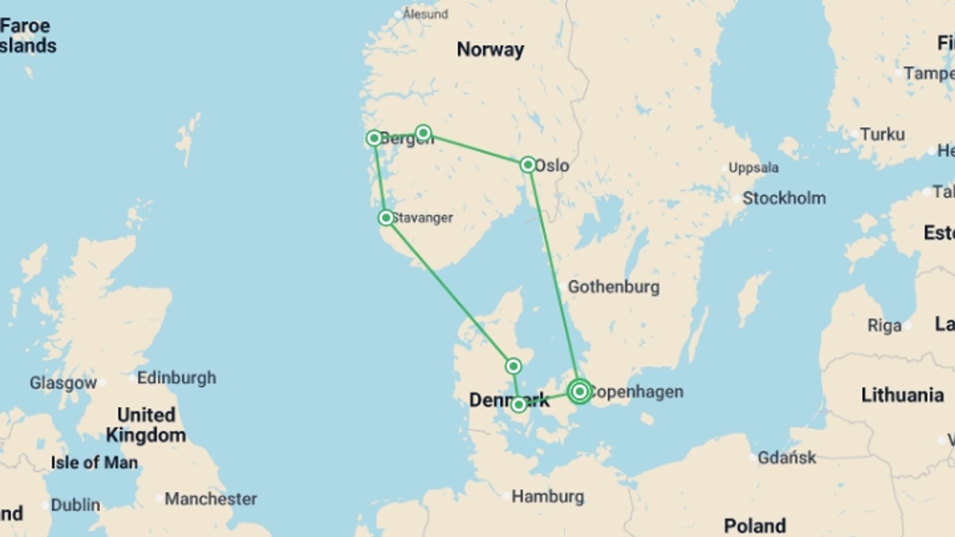 A map showing the tour itinerary for the trip: Dreamed Scandinavia, starting in Copenhagen, Denmark and ending in Copenhagen, Denmark going through 4 other destinations.