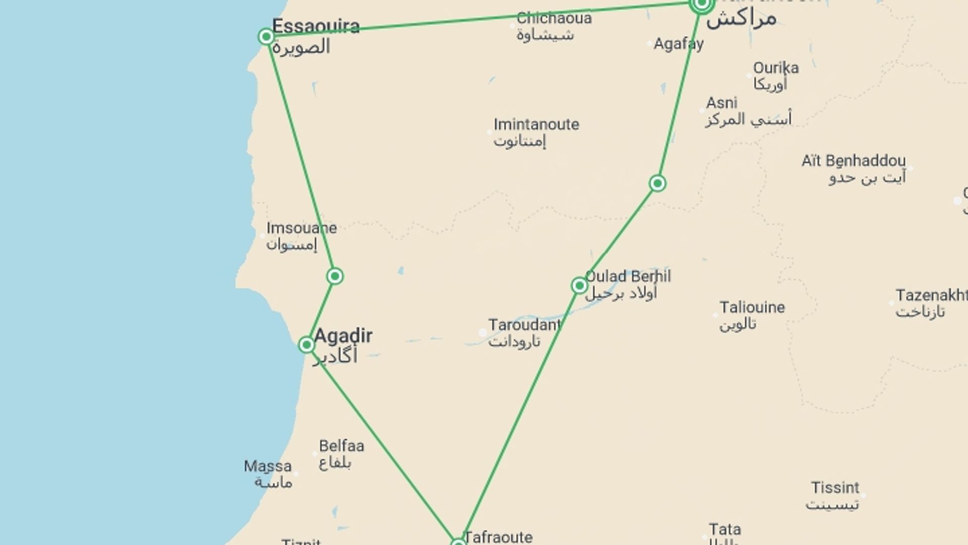 A map showing the tour itinerary for the trip: Cycle Morocco's Great South, starting in Marrakech, Morocco and ending in Marrakech, Morocco going through 6 other destinations.
