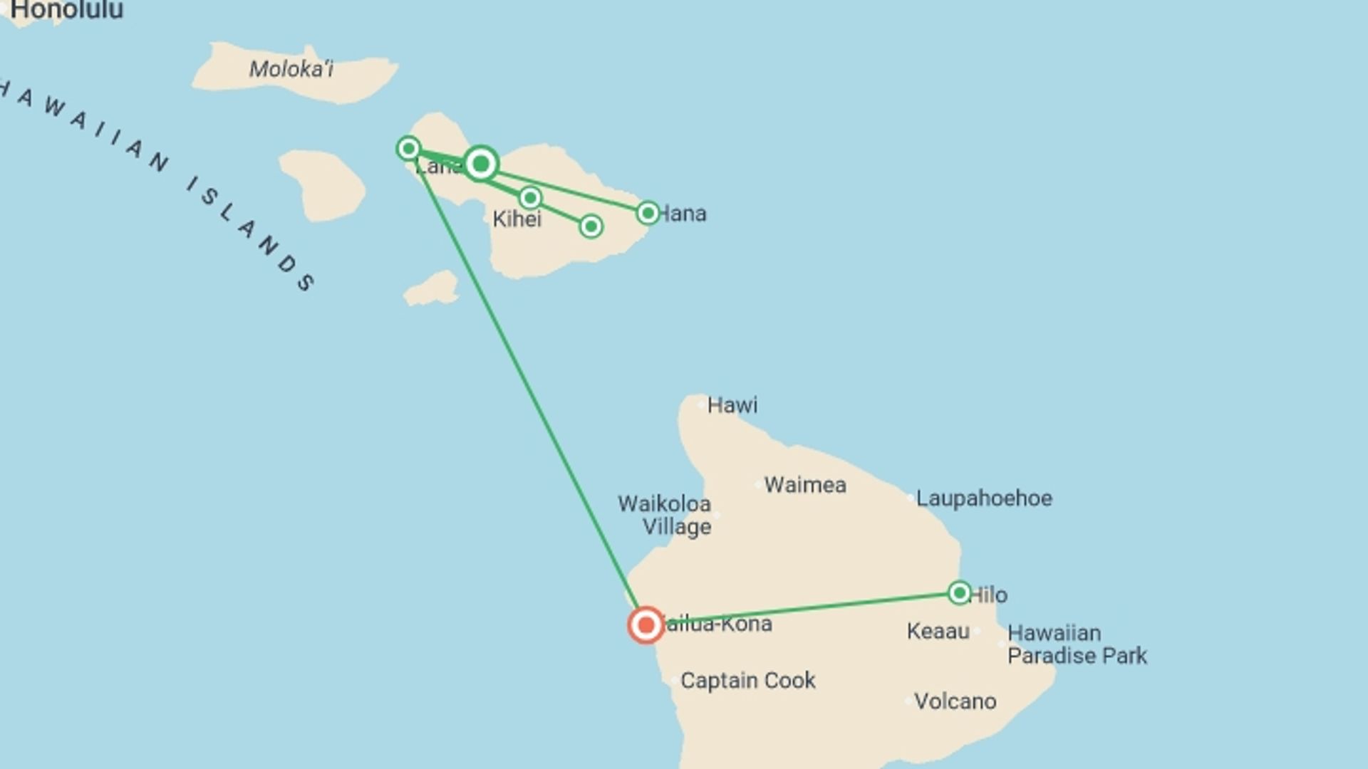 A map showing the tour itinerary for the trip: Maui & Hawaii Discovery - 10 days , starting in Kahului, USA and ending in Kailua Kona, USA going through 1 other destinations.