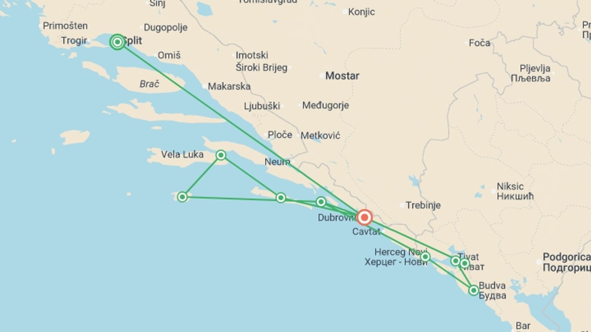A map showing the tour itinerary for the trip: Croatia and Montenegro Sailing Adventure, starting in Split, Croatia and ending in Dubrovnik, Croatia going through 8 other destinations.
