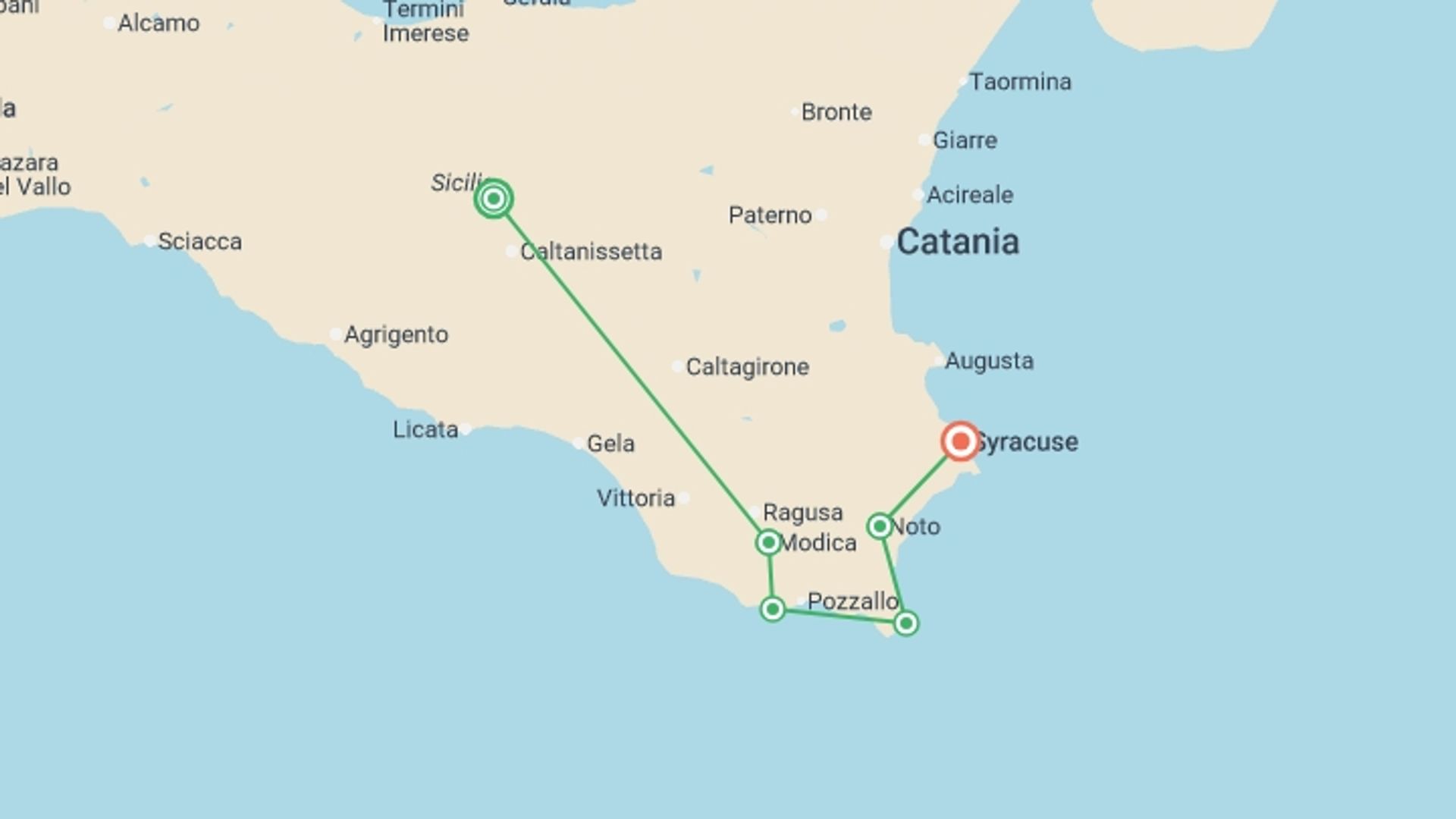 A map showing the tour itinerary for the trip: Self-Guided Cycling through Baroque Sicily, starting in Sicily, Italy and ending in Syracuse, Italy going through 2 other destinations.