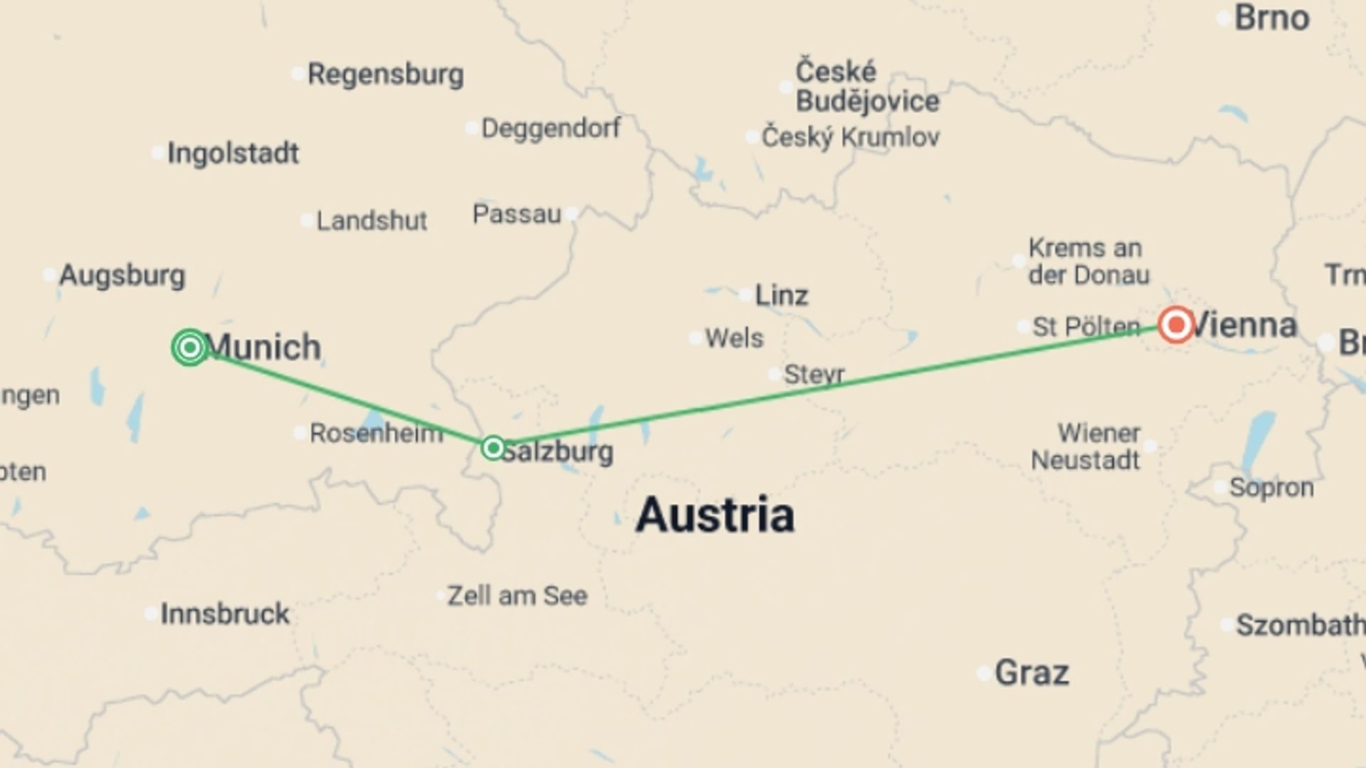 A map showing the tour itinerary for the trip: Highlights of Christmas Markets: Munich to Vienna, starting in Munich, Germany and ending in Vienna, Austria going through 1 other destinations.