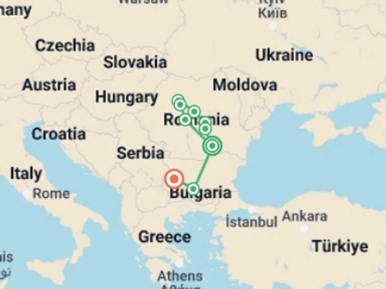 Map itinerary of Plovdiv Tour in Fall with 6 destination visits for the trip: Treasures of Transylvania with Halloween Party (4 Star Hotels)