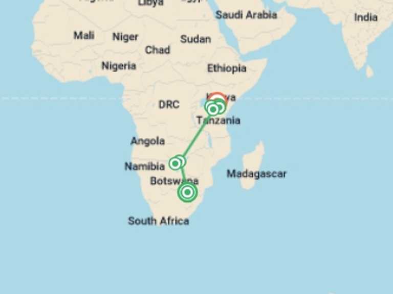 Map of Nairobi National parks Tour with 9 destination visits for the trip: Victoria Falls & East Africa Adventure