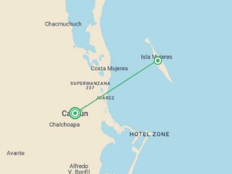 Map of Mexico Tour with 2 destination visits for the trip: Isla Mujeres Experience 4D/3N