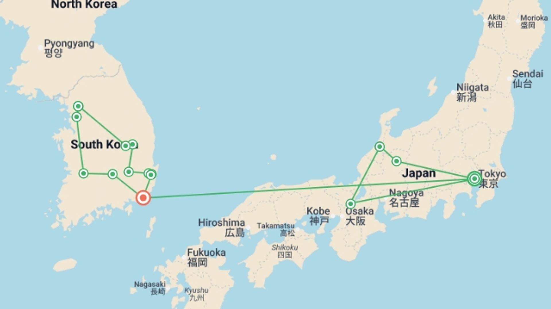 A map showing the tour itinerary for the trip: Eternal Japan and Korea, starting in Tokyo, Japan and ending in Busan, South Korea going through 6 other destinations.