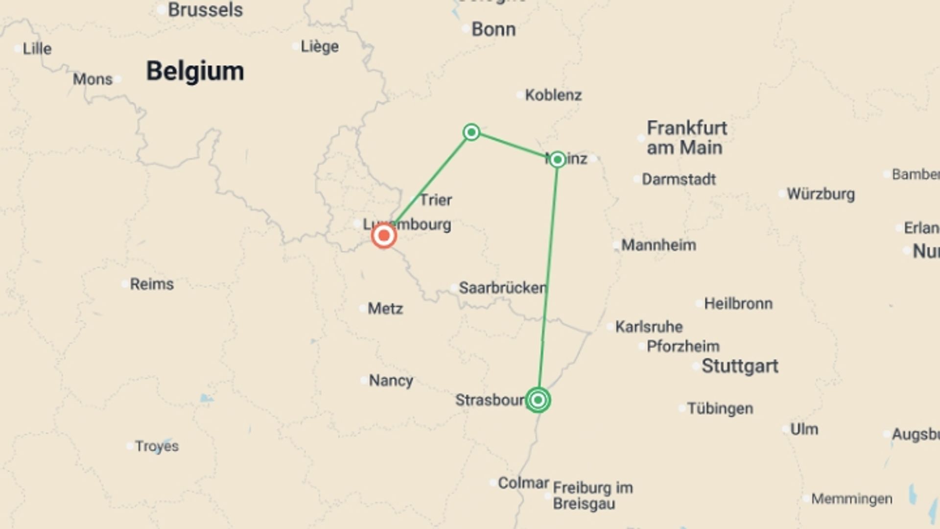 A map showing the tour itinerary for the trip: 4 Rivers: The Neckar, Romantic Rhine, Moselle, and Sarre Valleys (port-to-port cruise), starting in Strasbourg, France and ending in Remich, Luxembourg going through 2 other destinations.