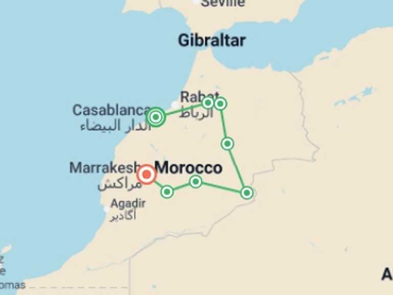 Map of Marrakech Tour with 8 destination visits for the trip: Essential Morocco
