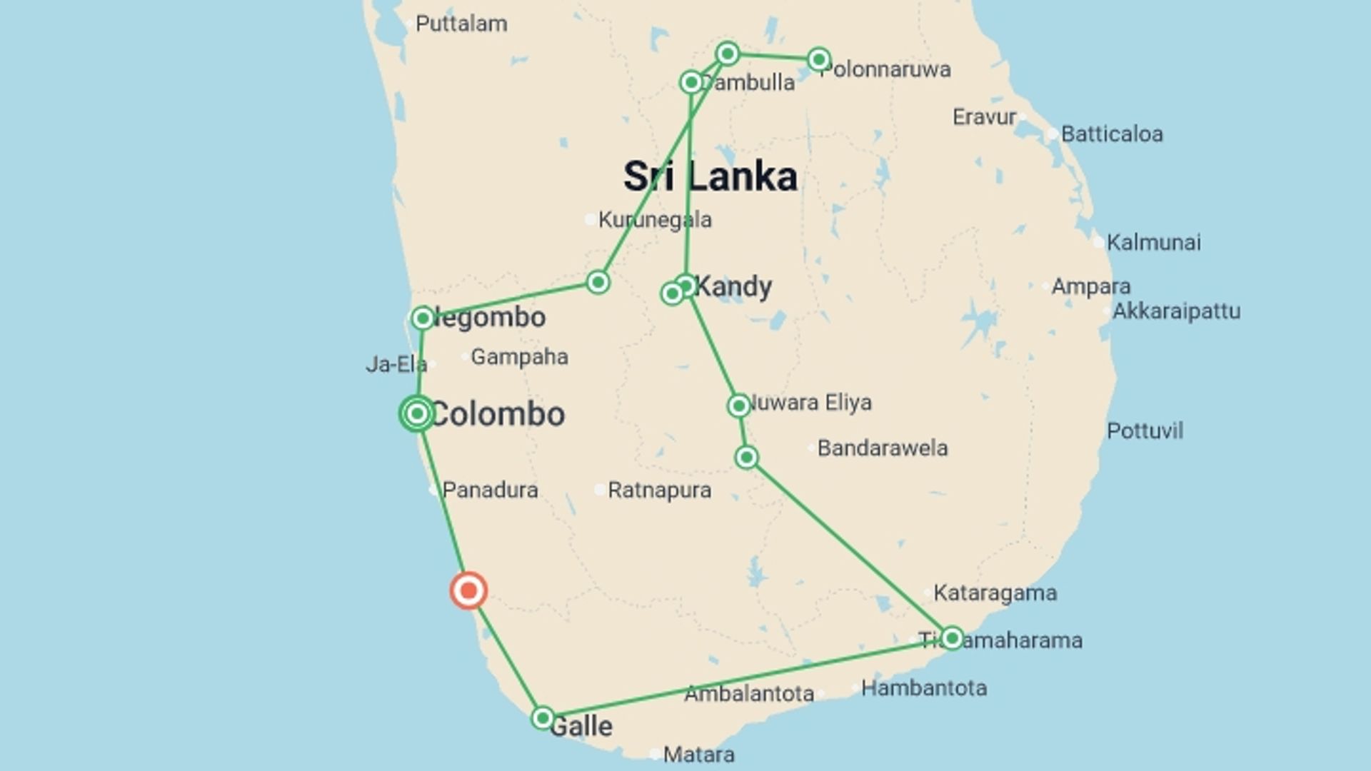 A map showing the tour itinerary for the trip: Pearl of Sri Lanka Discovery Tour, starting in Colombo, Sri Lanka and ending in Bentota, Sri Lanka going through 5 other destinations.