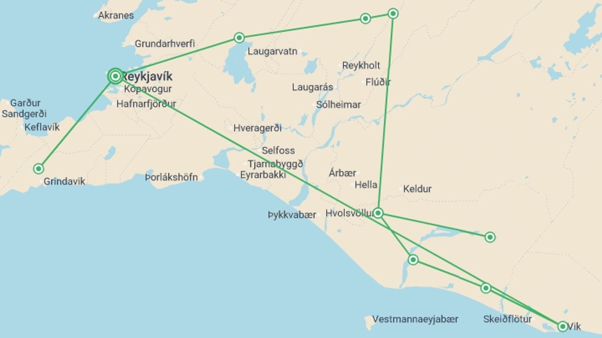 A map showing the tour itinerary for the trip: Land of Fire, Ice & Solar Eclipse 2026 - 6 days, starting in Reykjavik, Iceland and ending in Reykjavik, Iceland going through 1 other destinations.