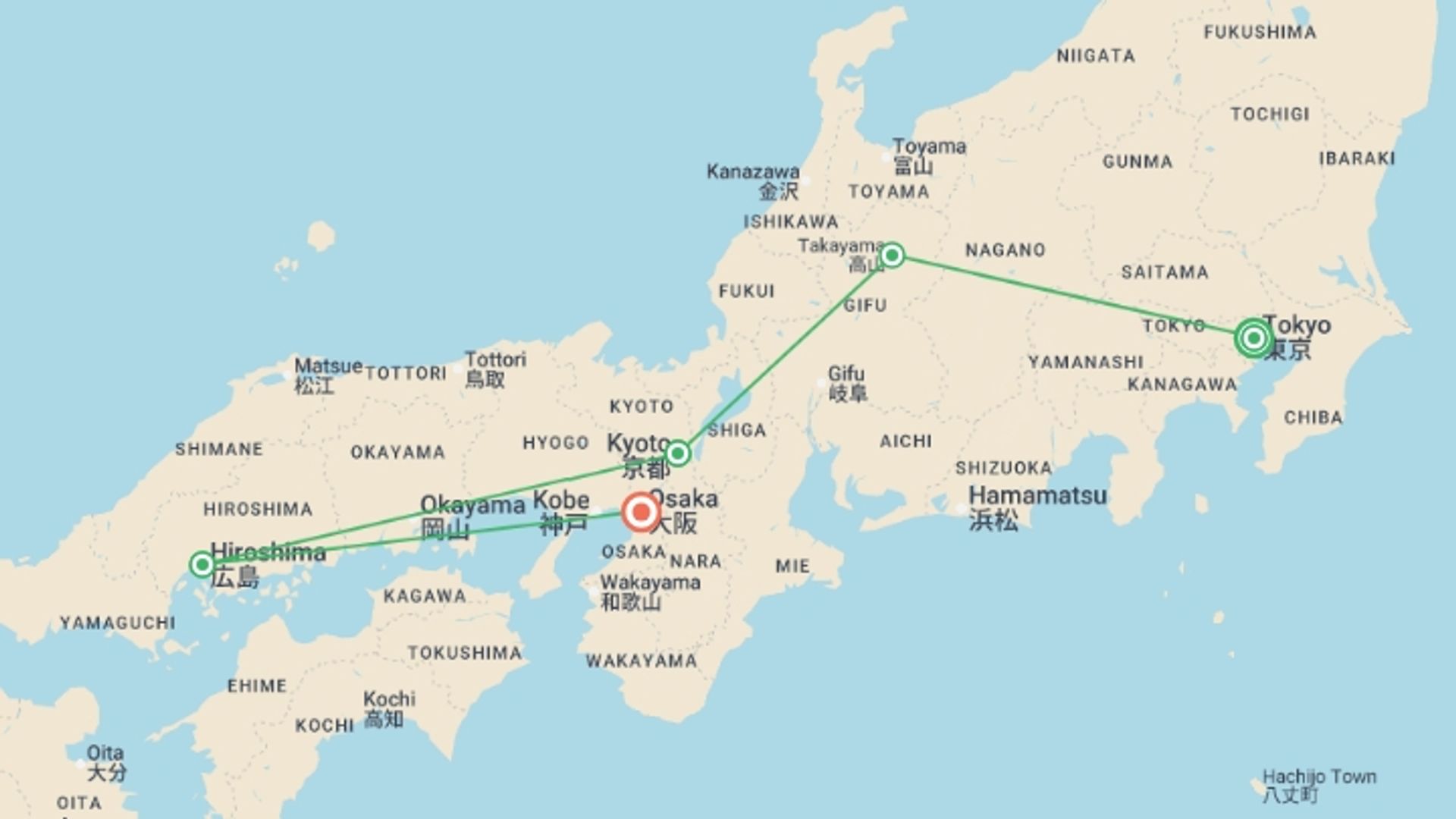 A map showing the tour itinerary for the trip: Epic Japan: Speed Trains & Street Food, starting in Tokyo, Japan and ending in Osaka, Japan going through 3 other destinations.