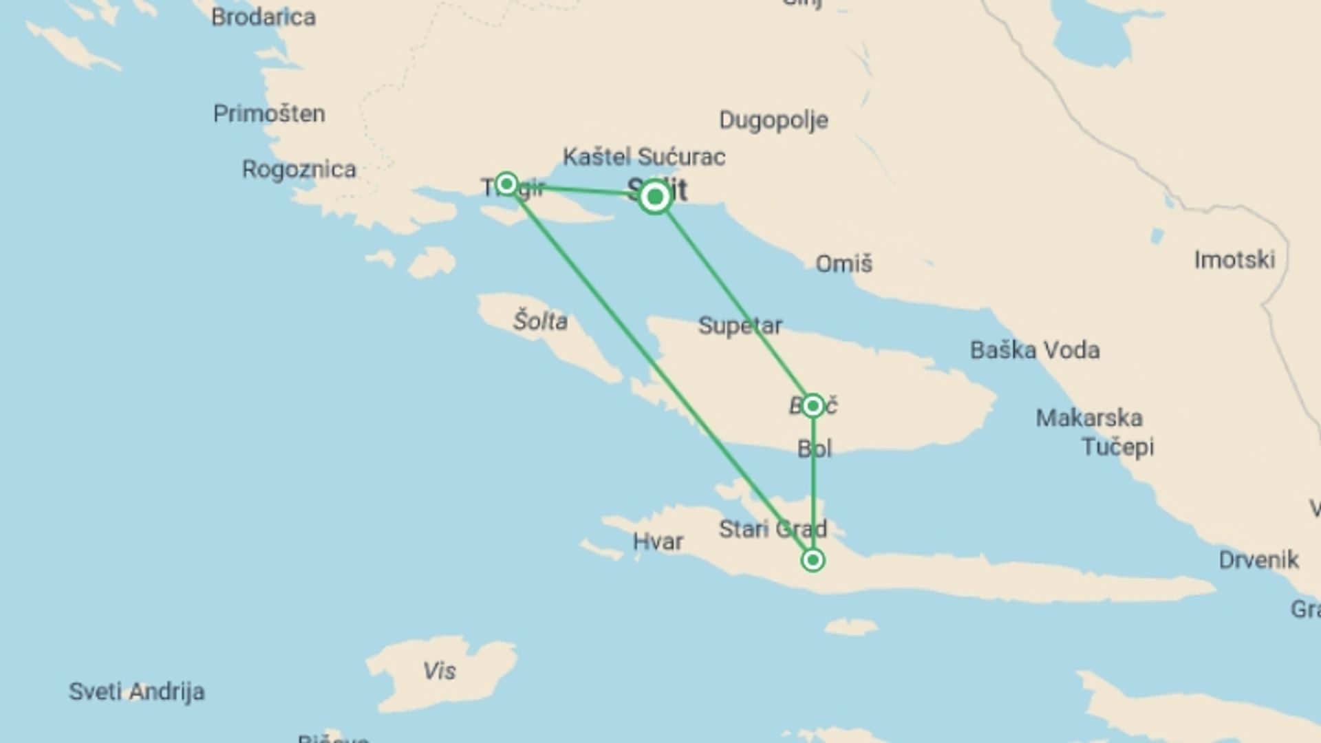 A map showing the tour itinerary for the trip: Croatia Island Hopping, 8 Days, starting in Split, Croatia and ending in Split, Croatia going through 3 other destinations.