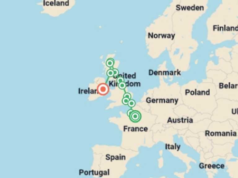 Map of Europe Tour with 7 destination visits for the trip: Solo lite Paris England and Ireland Adventure