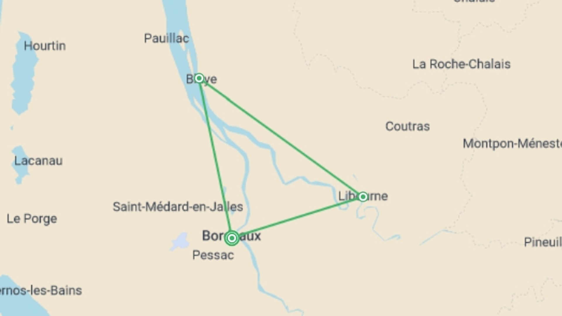 A map showing the tour itinerary for the trip: A cruise in Aquitaine : the great wines of Southern France (port-to-port cruise), starting in Bordeaux, France and ending in Bordeaux, France going through 2 other destinations.