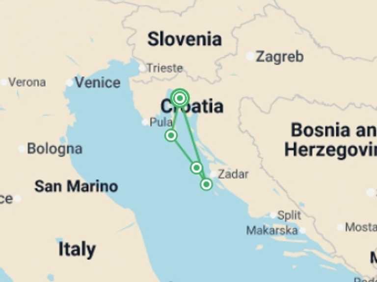 Map of Mediterranean Sailing, yachting and motor boating Tour with 4 destination visits for the trip: Kvarner Bay Bike & Boat
