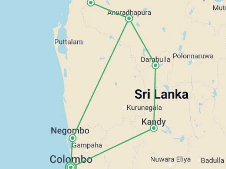 Map of Sri Lanka Tour with 5 destination visits for the trip: The Local Way - Sri Lanka