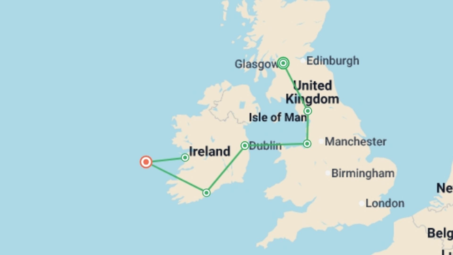A map showing the tour itinerary for the trip: Celtic Traditions & Landscapes: Scotland, England & Ireland, starting in Glasgow, Scotland and ending in County Clare, Ireland going through 5 other destinations.