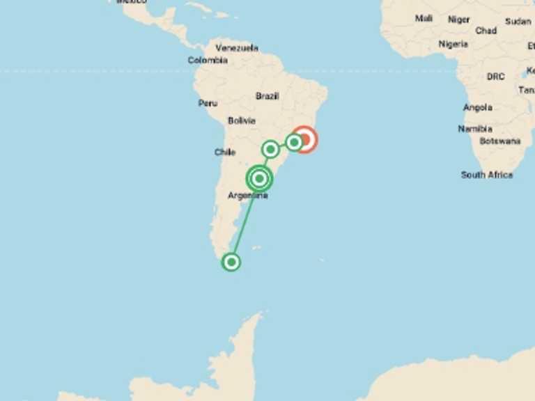 Map itinerary of South America Tour in January 2027 with 6 destination visits for the trip: Essential Argentina & Brazil - 13 days