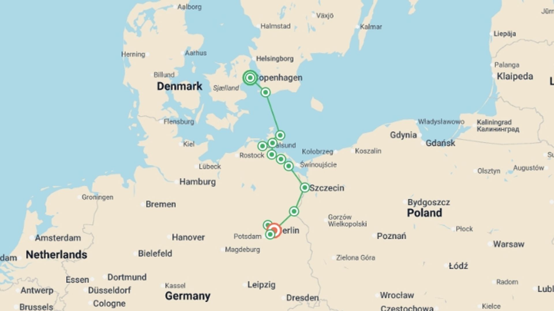 A map showing the tour itinerary for the trip: From Copenhagen to Berlin: The Baltic Sea and the Oder and Havel Rivers (port-to-port cruise), starting in Copenhagen, Denmark and ending in Berlin, Germany going through 6 other destinations.