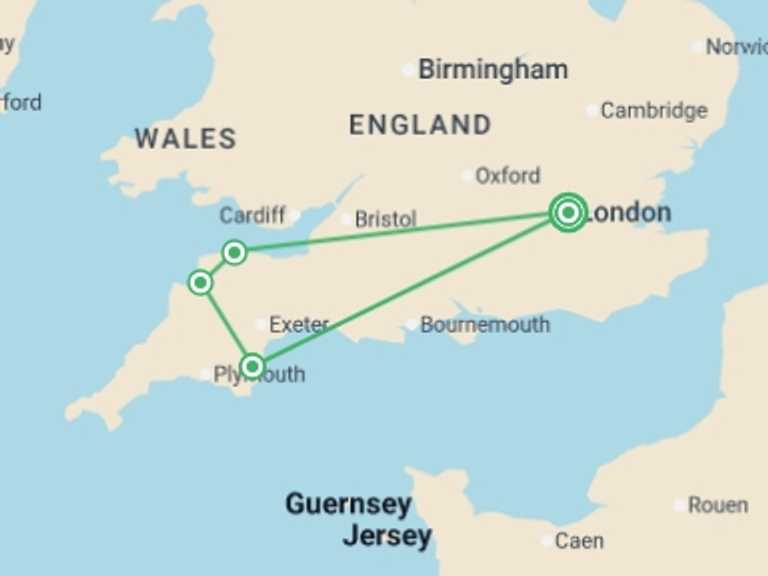 Map of a Natural landmarks sightseeing Tour with 4 destination visits for the trip: Best of Devon and Cornwall